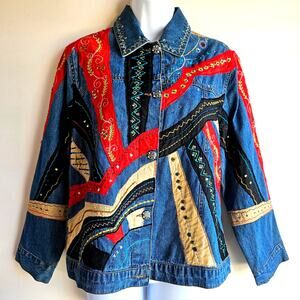 Bleu Bayou Denim Patchwork Jacket Size M Embroidered Artsy Colorful Boho